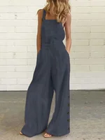 UOOZEE Women's Summer Linen Blend Wide Leg Sleeveless Jumpsuits High Waisted Loose Fit Buttoned Pockets Solid Color Romper - Image 3