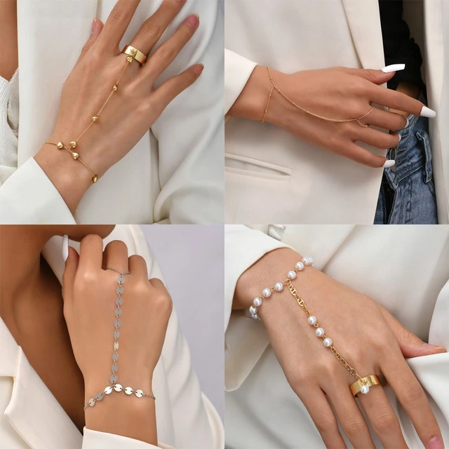 Minimalist Gold plated Bead Chain Ring Bracelet Linked Finger Bracelet and Ring  Connected Hand Harness Bracelets