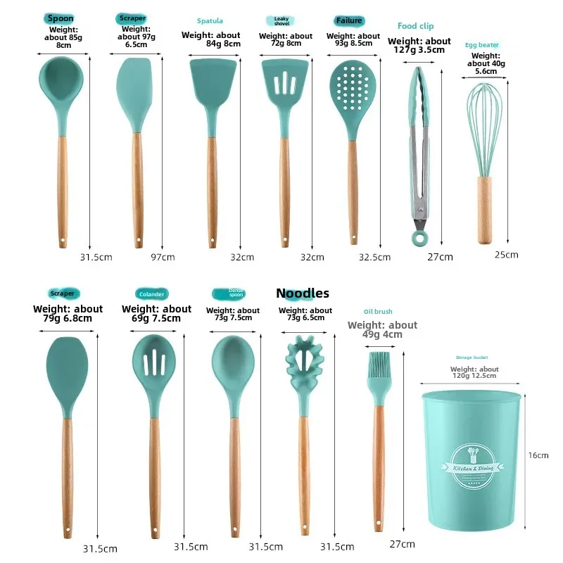 Nordic Pink Wood Handle Silicone Kitchen Utensil Set Combination Storage Bucket Soup Spoon 9 Piece Set 11 Piece 12