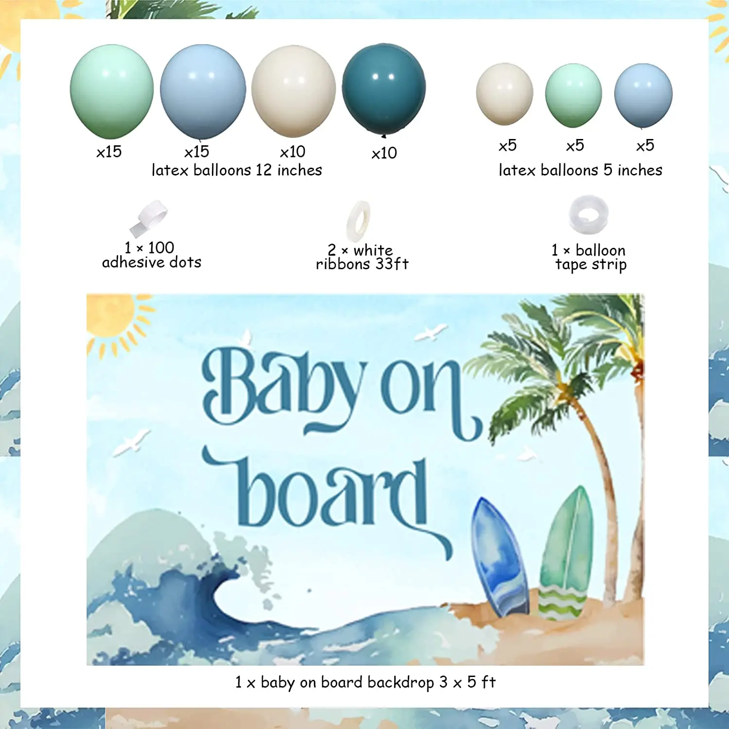 Surf Baby Shower Decorations Baby on Board Supplies Blue White Green  Balloon Garland Kit with Backdrop Summer Beach Background - AliExpress