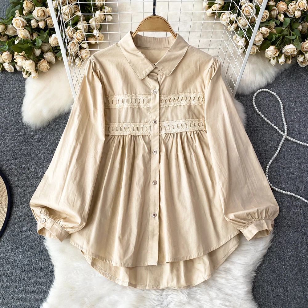 

Clothland Women Elegant Lace Patchwork Blouse Long Sleeve White Black Basic Shirt Cotton Casual Tops Blusa LA868