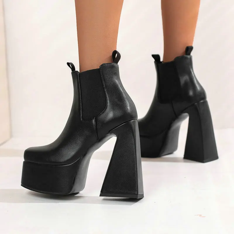 

Luxury Brand 2022 Winter New Ladies Sexy Pumps Elastic Band Ankle Stretch Booties Triangle Shape Heels Platform Chelsea Boots