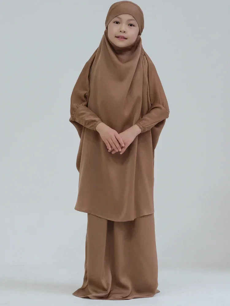 Two Piece Child Girl Satin Muslim Sets Prayer Hijab Dress for Kids Hooded Abaya Khimar + Skirt Burka Ramadan Eid Islamic Niqab