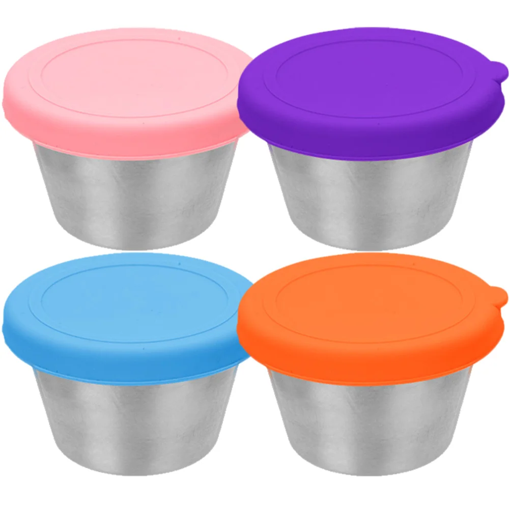 

4 Pcs Food Container For Small Dressing with Lids Stainless Steel Sauce Silica Gel Tiny Round Container With Lid Mini