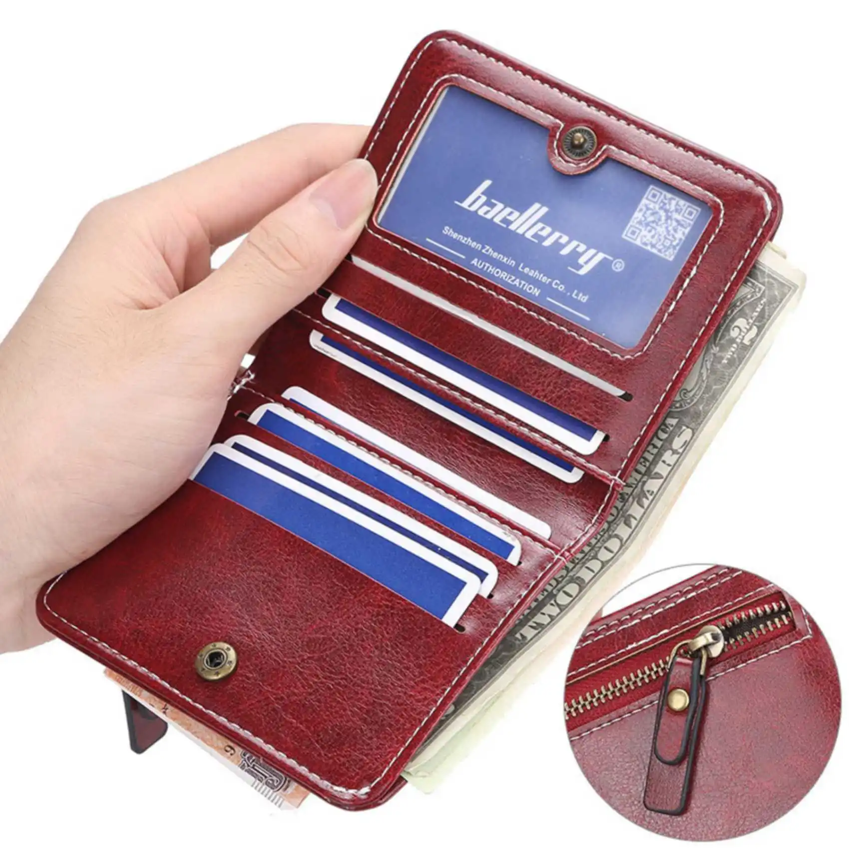 Womens Oil Wax Skin Short Wallet - Multi-Card Zipper Coin Purse