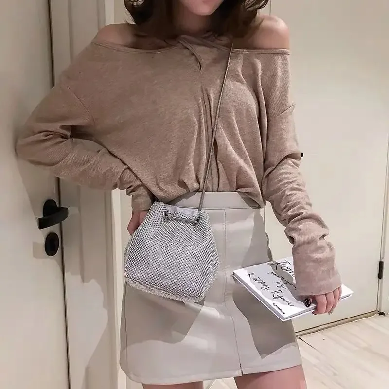 

Korean Version Crossbody Bags Women Crystals Bucket Bling Fashion All-match Rainbow Mixed Colors Purse Shoulder Bags