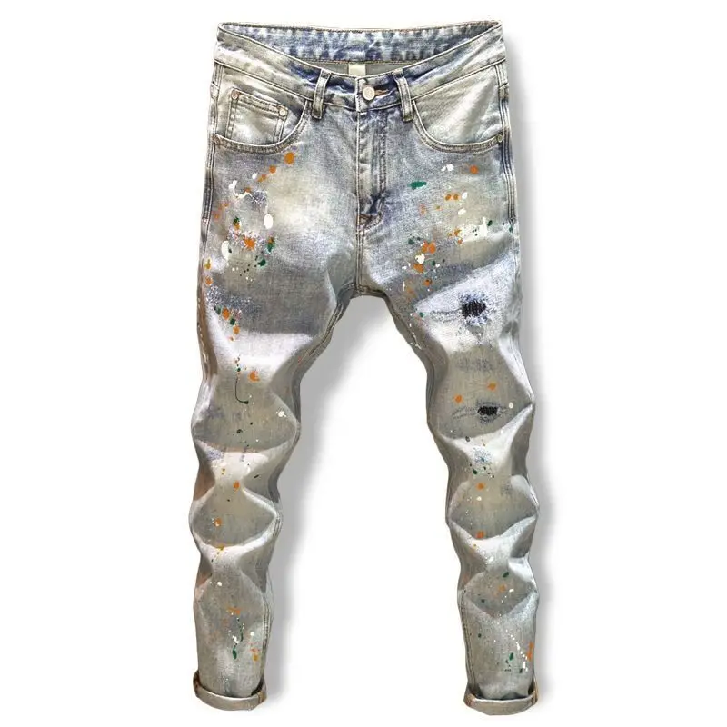 Kpop Korean Style Men's men jeans ripped jeans Designer Clothes Washed Paint Splatter Ripped Distressed Cotton Trousers