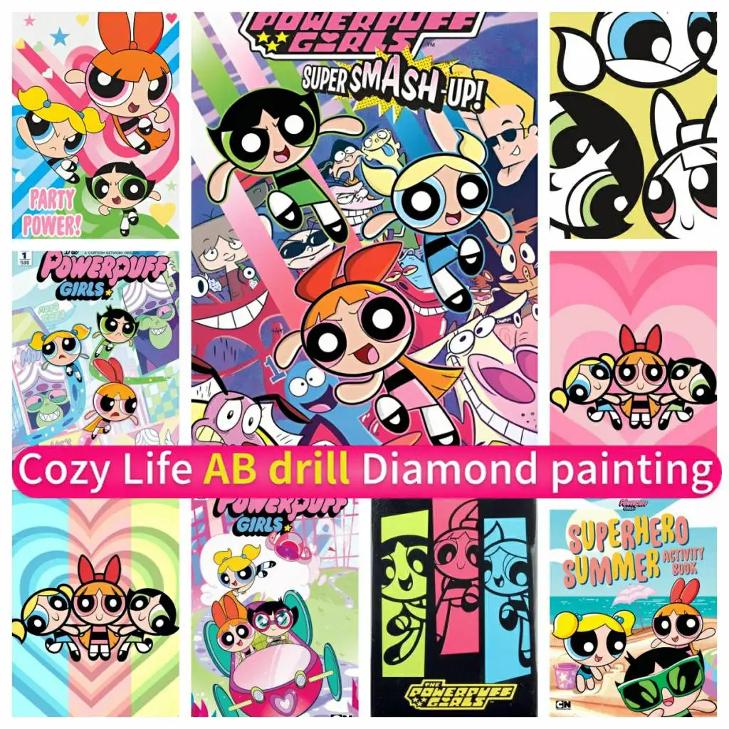 귀여운 애니메이션 모자이크 AB 다이아몬드 페인팅 ‘The-P-Powerpuffs-G-Girls’, DIY 아트, 5D Corss 스티치 라인스톤 자수, 수제 귀여운 애니메이션 모자이크 AB 다이아몬드 페인팅 ‘The-P-Powerpuffs-G-Girls’, DIY 아트, 5D Corss 스티치 라인스톤 자수, 수제