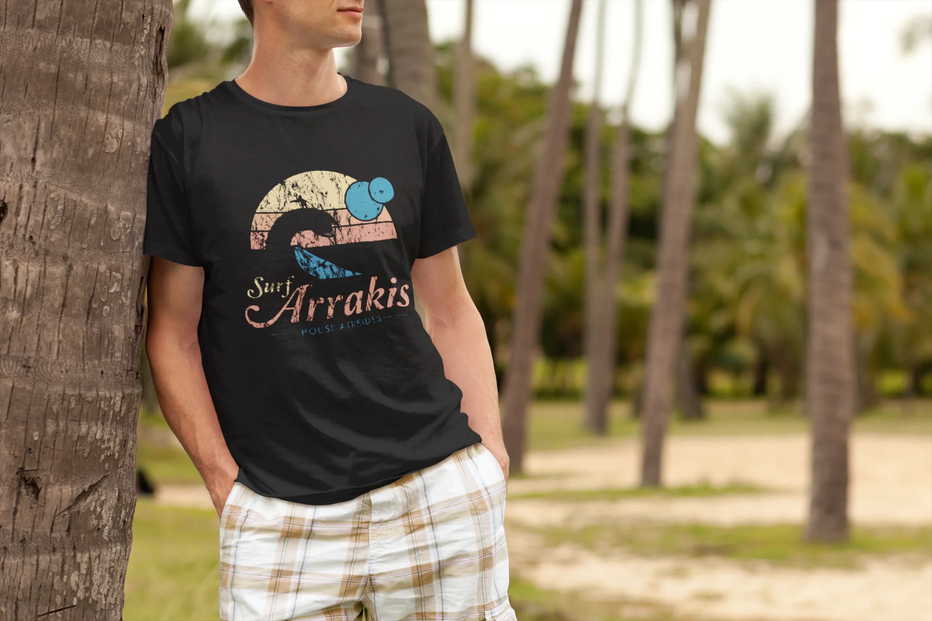 Besuchen Arrakis Vintage Distressed Surf Dune Sci Fi T Shirt für Männer Reine Baumwolle Mode Männlichen T-Shirt O Neck Tee hemd Kurzarm – Detail 2