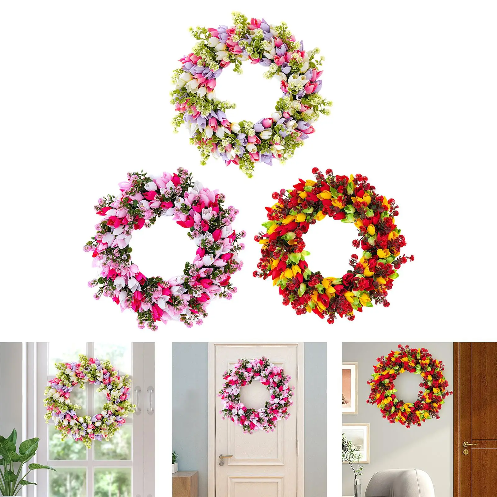 Mother`s Day Wreath Artificial Tulip Flower Wreath Tulip Front Door Wreath Fake Flower Wreath for Birthday Anniversary Wall