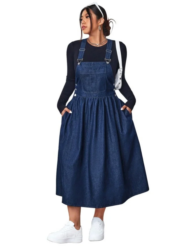 Wmstar Plus Size Dress Denim Women Wholesale New Style Slip Swing Elegant Casual Fashion Pockets Summer Drop Shopping XL-5XL