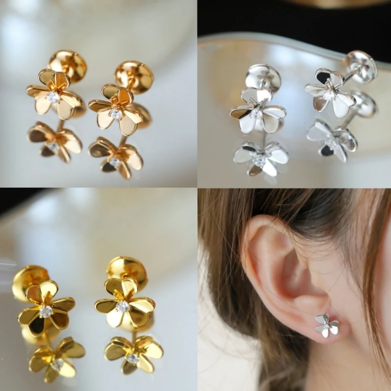 

925 Silver Gilded Exquisite Petals Clover Earrings European and American Luxury Women Fashion Brand Jewelry Gift