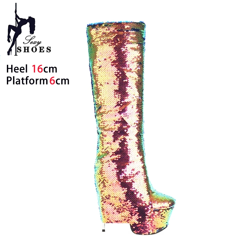 

Fold Over Boots Women 2023 Winter New Thick Platform Stiletto Heels Shiny Sequined Knee-High Ladies Shoes Gold Silver Long Boots