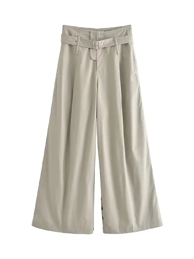 

HH TRAF Autumn Women Casual Loose Long Pants with Belt 2023 Trendy Solid High Waist Zipper Fashion Wide Leg Trousers Pockets