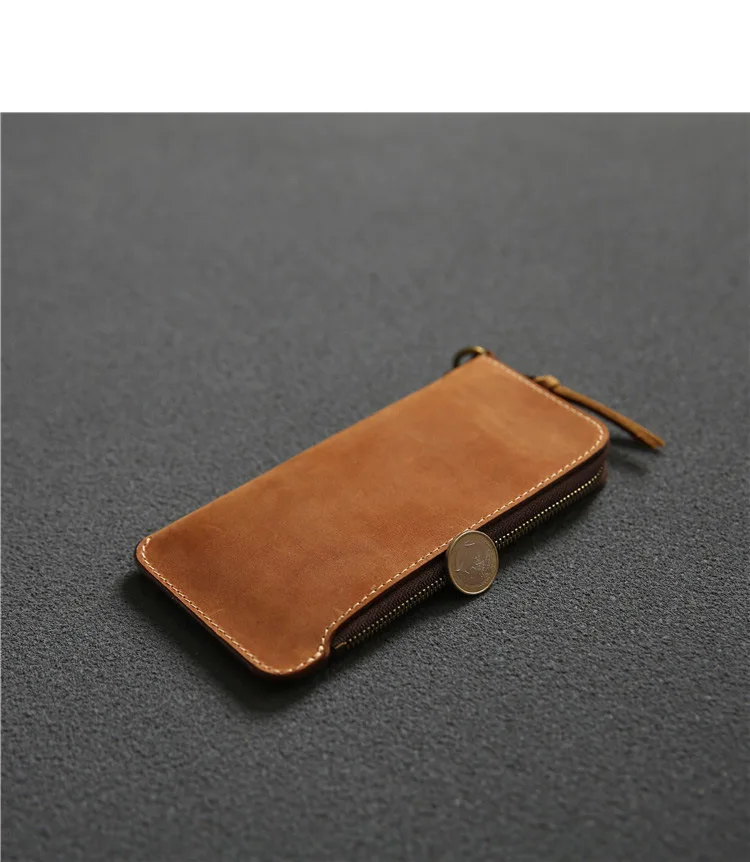 1 Stück echtes Leder-Geldbörse für Herren – männliches echtes Rindsleder, Vintage-Stil, handgefertigt, langer, schlanker Reißverschluss, Clutch, Herren-Geldbörse, Kartenhalter, Handytasche – Detail 3