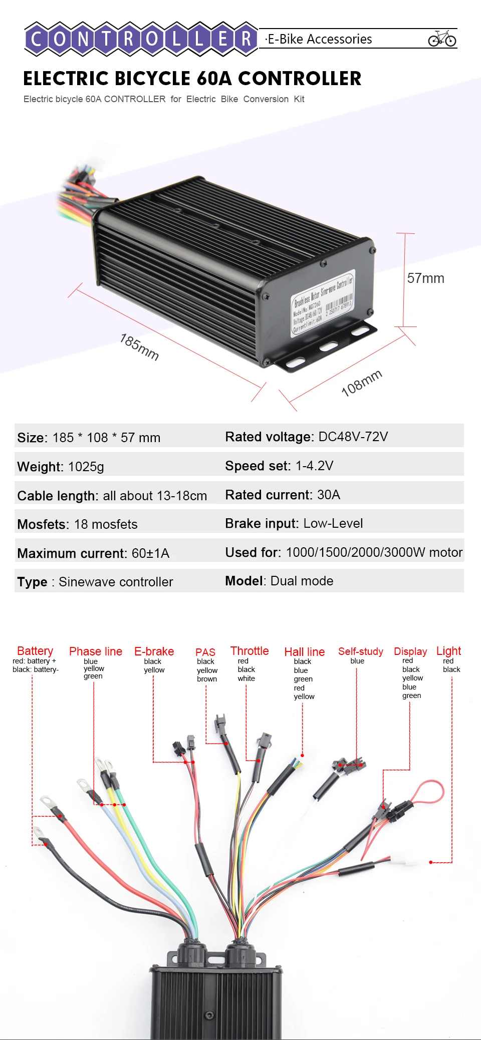 48V60V72V 60A Electric Bicycle Controller Dual Mode 18 Tube Sine Wave Controller E-bike Brushless 1500W 2000W 3000W Controller
