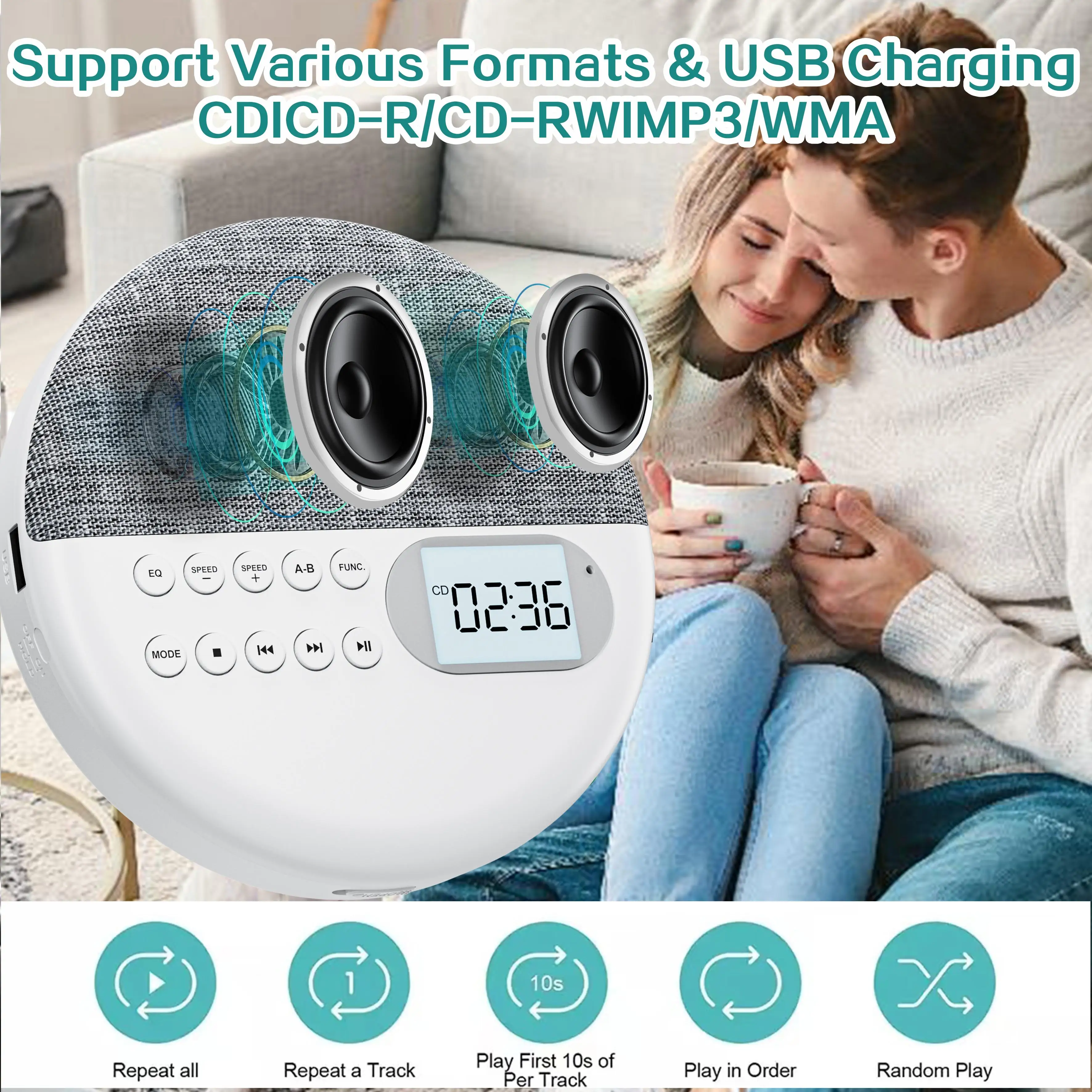 Portable CD player, USB player,AUX,Stereo speaker,Stereo headphone Jack,play speed control,rechargeable battery,A-B Repeat