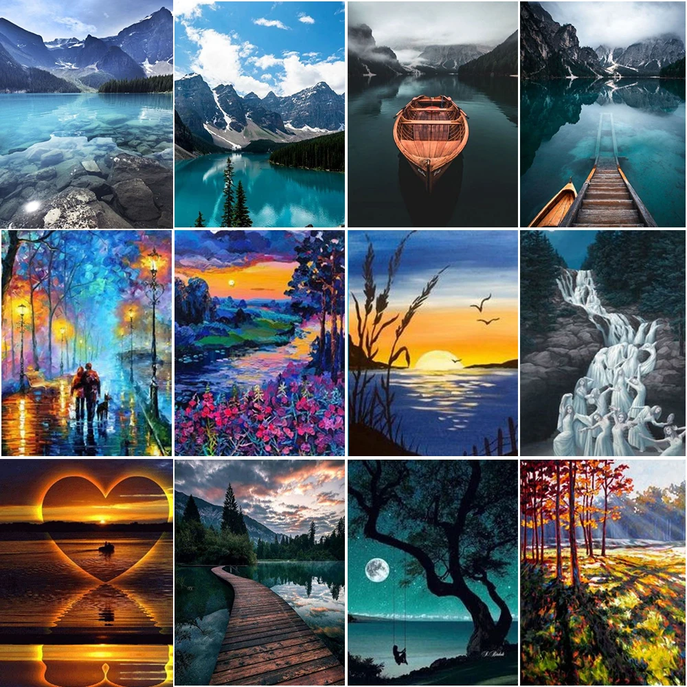 

5D Diy Diamond Painting Boat Lake Scenery Diamond Embroidery Mosaic Sun Landscape Rhinestones Painting Cartoon Home Decor