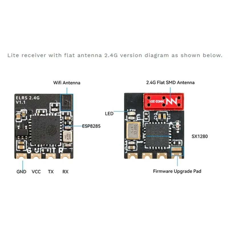 Gros plan sur le récepteur BETAFPV ELRS Lite 2.4GHz V1.2, connecté à un drone FPV, performances longue portée