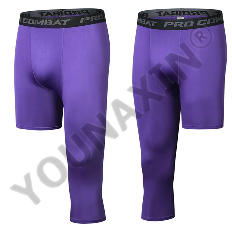 Men Compression Base Layer Running Tight Sport Cropped One Leg Leggings Gym Basketball Football Soccer Fitness Exercise 3/4 Pant