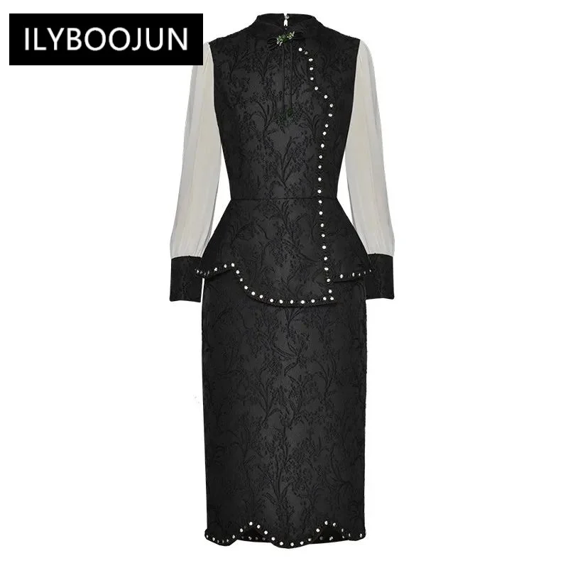 

Fashion Jacquard Pencil Dress Women Stand Collar Lantern Sleeve Diamond Beading Black Vintage Package Buttocks Dresses For Women