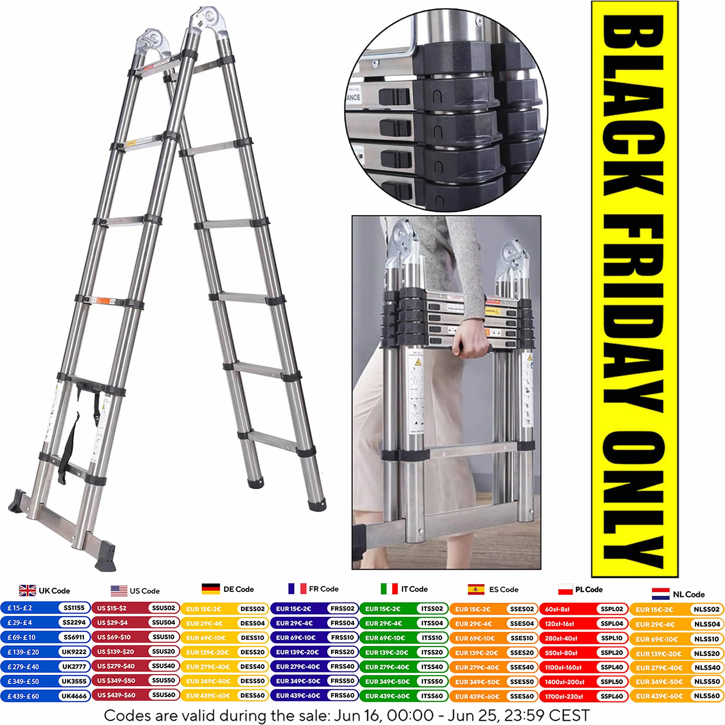 DayPlus 12.5 FT Folding Steel Telescopic Ladder 1.9M+1.9M Multi 