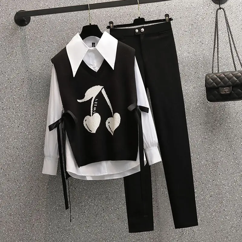 Autumn New White Chiffon Shirt Blouse Knitted Tank Top Small Leggings Three Piece Elegant Women\'s Pants Set Casual Tracksuits