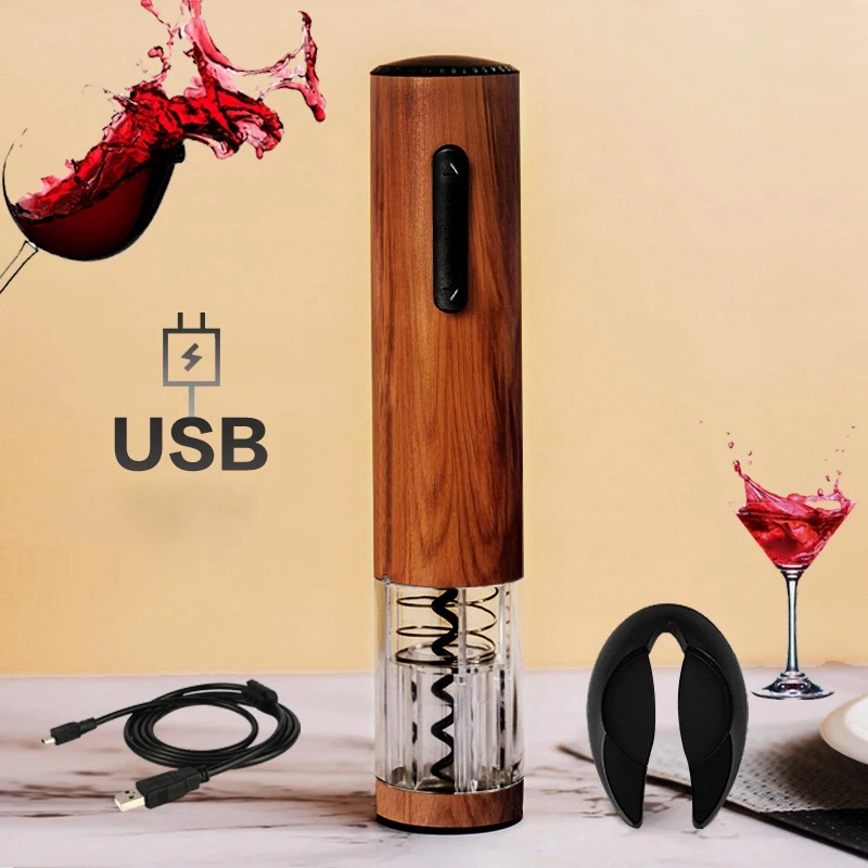 

USB Rechargeable Automatic Corkscrew With Foil Cutter Wine Openers Wood Grain Electric Wine Opener Kitchen Accessories