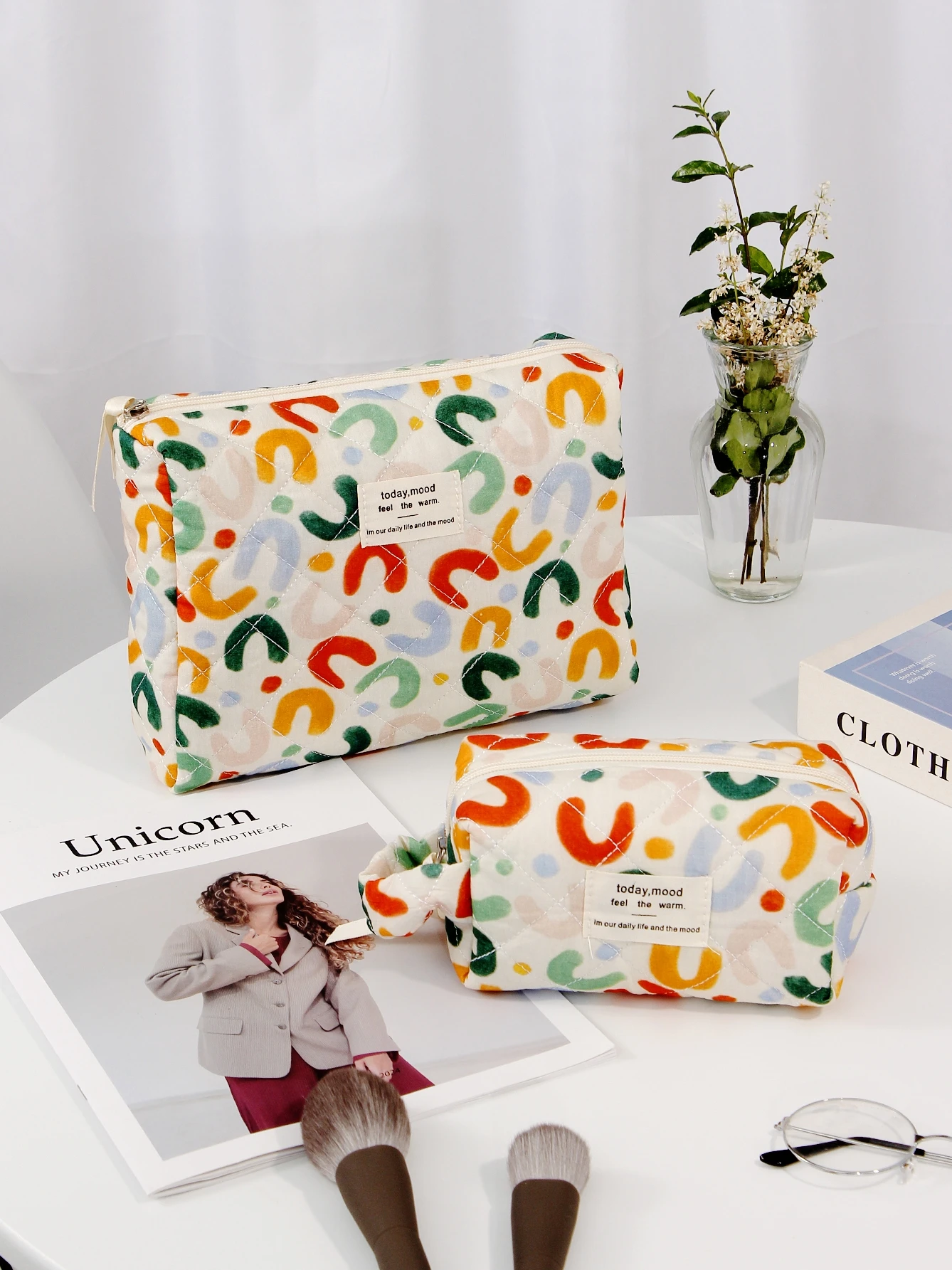 Cute Quilted Cotton Makeup Bag Women Zipper Cosmetic Organizer Female Cloth Handbag Box Shape Portable Toiletry Case For Girls 4