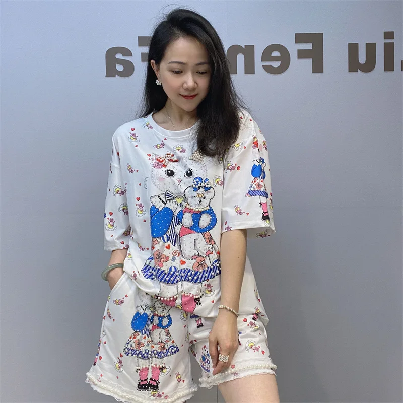 New Summer Women Two-piece Set Cartoon Printed Hot Drilling Loose Short Sets Casual Knitting Tops and Shorts Sets knitwear star mittens baby gloves cartoon knitting gloves winter warm full finger mittens