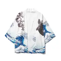 Kimono japonais pour hommes et femmes, carpe ondulée, manteau à motif imprimé 3D, Cardigan Haori traditionnel vert, vêtements de plage noirs japonais 3