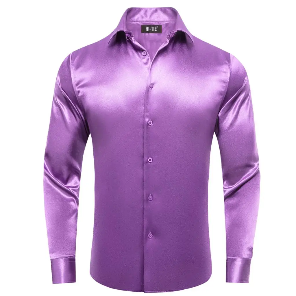 Hi-Tie Purple Jacquard Satin Solid Silk Mens Shirts Long Sleeve Suit Blouse for Male Outerwear Wedding Business Events Oversized