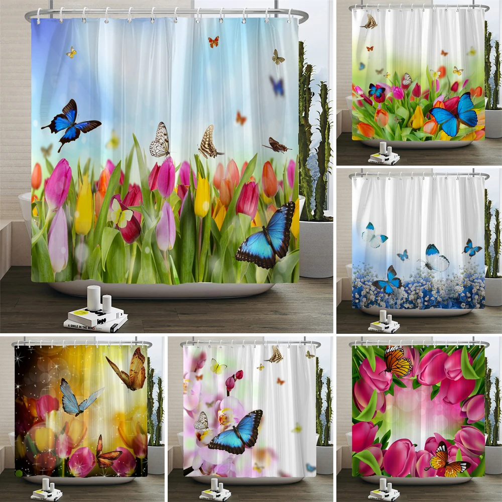

Colourful Flowers Tulip Butterfly Shower Curtain Natural Flower Printed Bathroom Waterproof Polyester Cloth Screen With Hooks