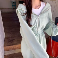Survêtement à capuche pour femmes, sweat-shirt court à manches longues, vestes avec pantalon de sport à taille, ensemble 2 pièces, combinaisons de Fitness, automne 3