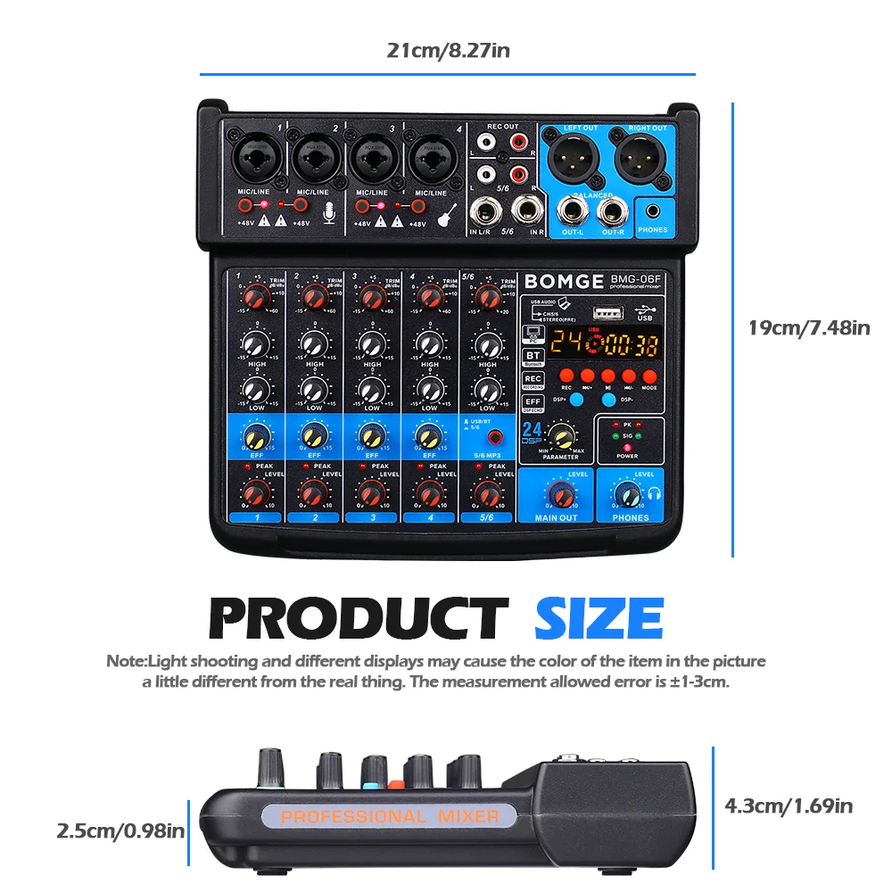 BOMGE 6 Channel Audio Mixer mini Mixing Sound Console USB audio Interface Sound Card With 16DSP 48V Phantom Power for karaoke DJ