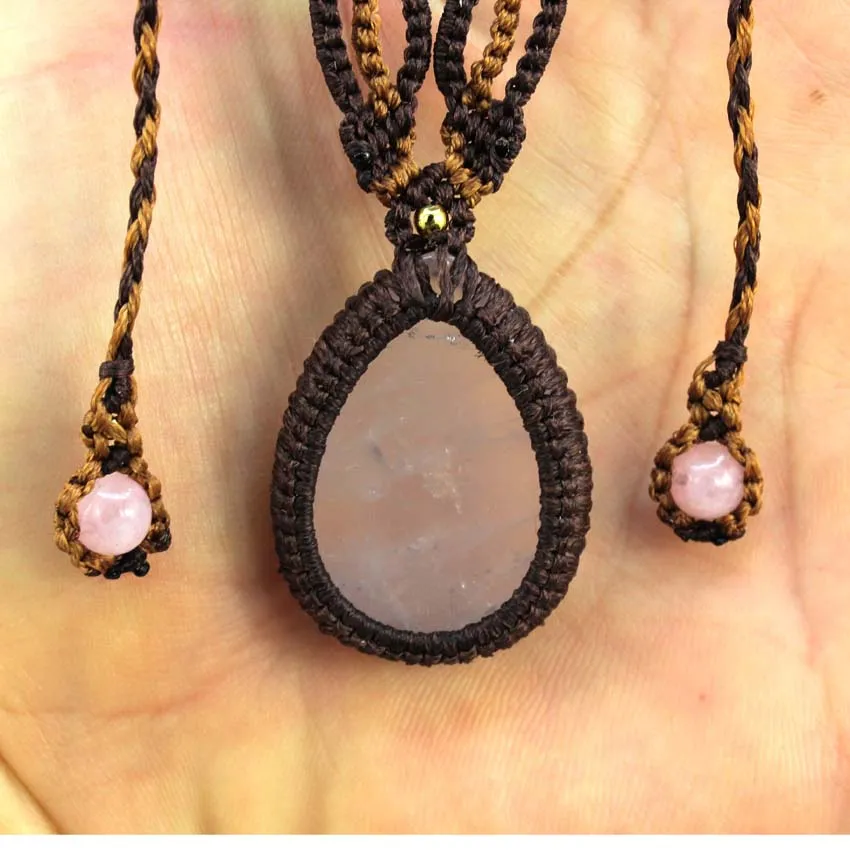 Rose Crystal Braided Stone Pendant Natural Pink Quartz Water Drop Handmade Thread Rope Wrapped Macrame Adjustable Chain Necklace 3