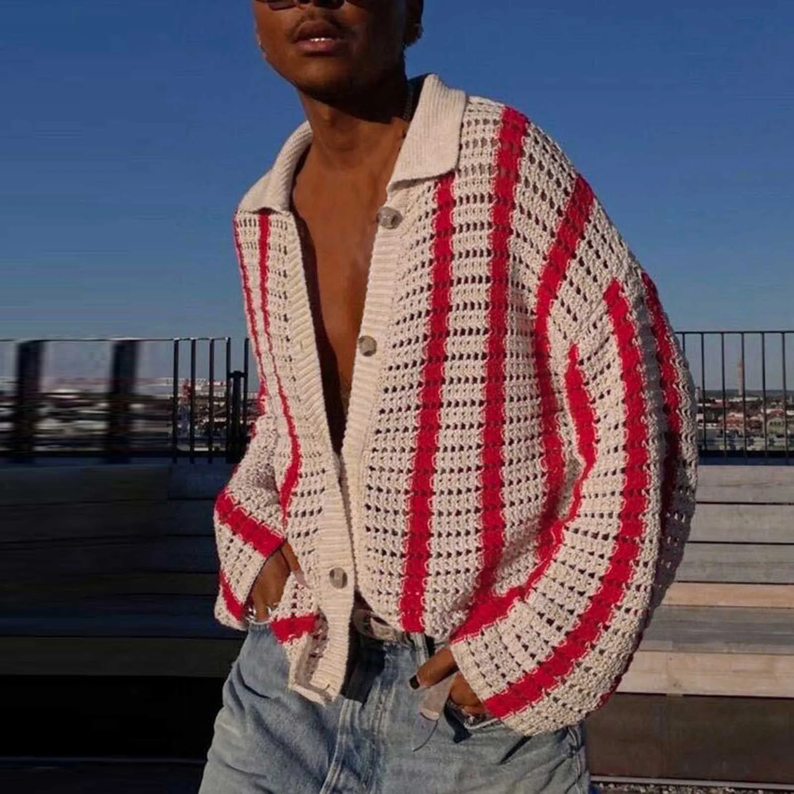 

Men Knitted Striped Button Cardigan Coat Lapel Long Sleeve Oversize Men'S Wool Coat Male Autumn And Winter Personalized Sweater