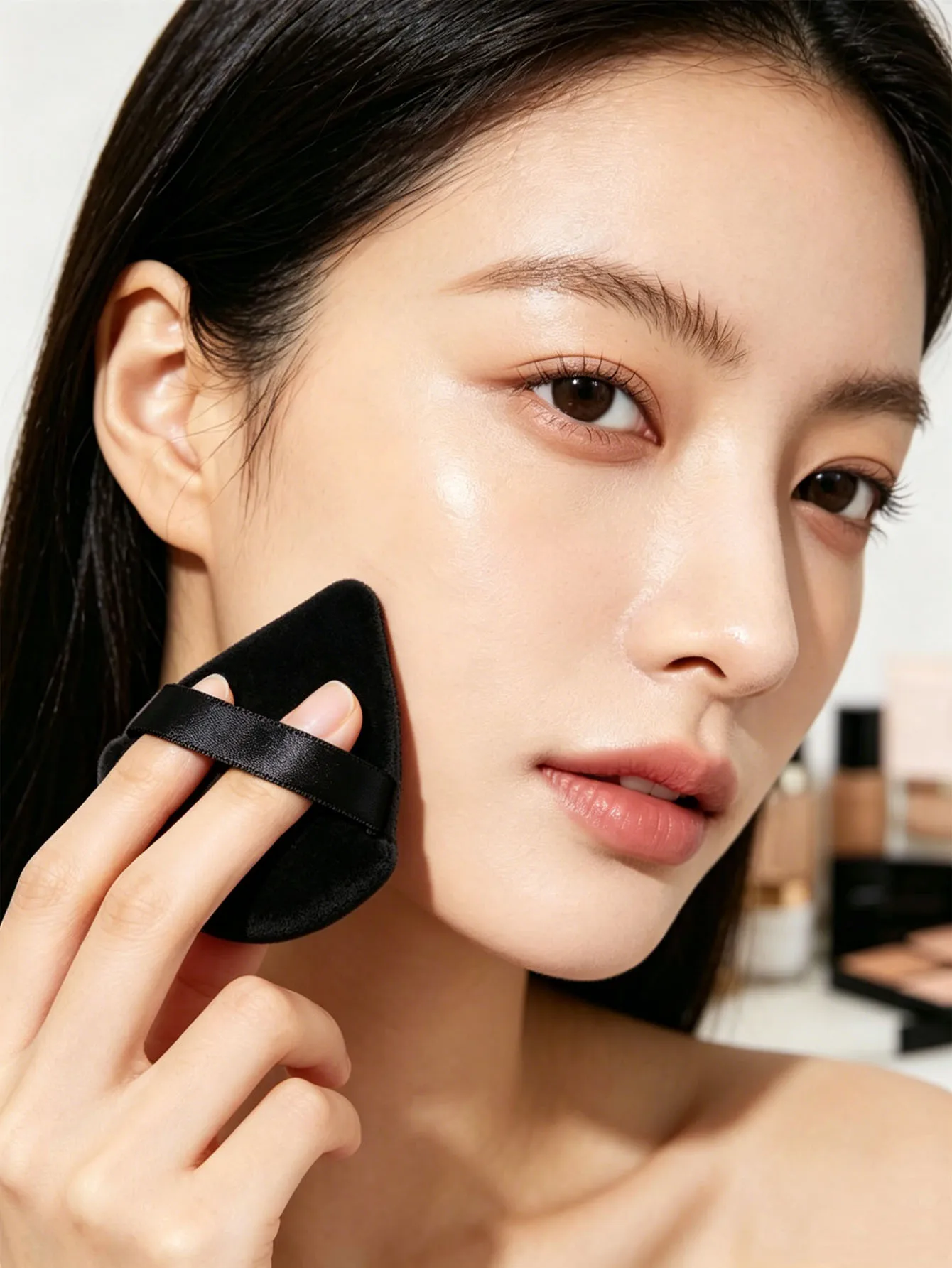 5개입 벨벳 삼각형 메이크업 스펀지, 루스 미네랄&바디 파우더용 부드러운 파우더 퍼프, 블랙 & 베이지 화장품 파운데이션 어플리케이션