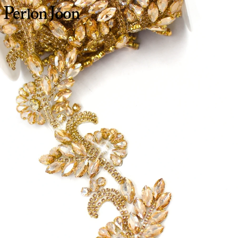 1 야드 크리스탈 라인 석 트림 꽃 잎 모양의 DIY 수리 철제 라인 석 리본 골드 드레스 신발 가방 액세서리 TR169