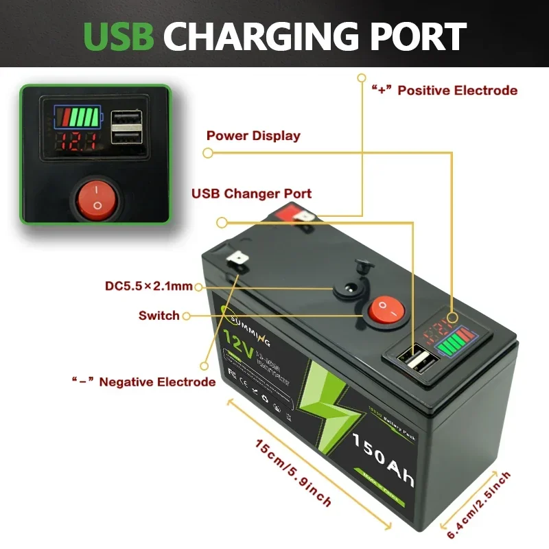 LiFePO4 12V 150Ah 充電式リチウム電池、内蔵 BMS、おもちゃの乗り物