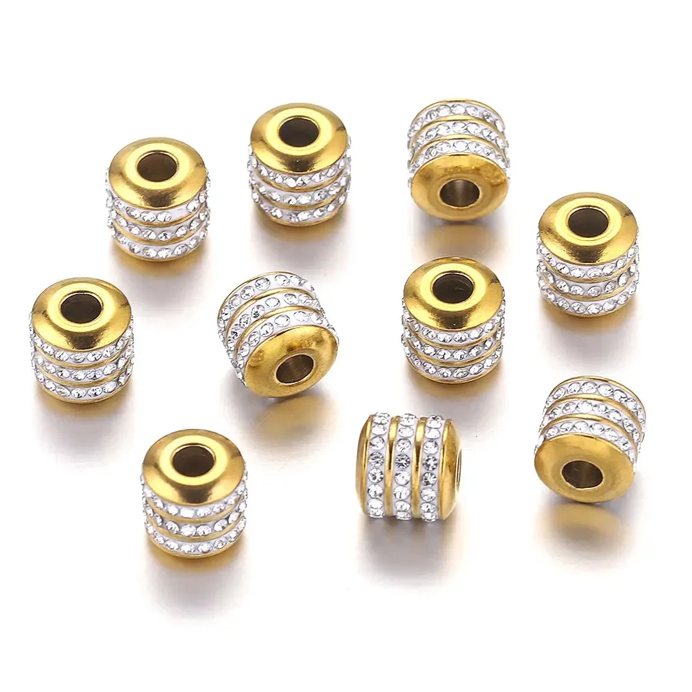 Golden Stainless Steel Beads Rhinestones Round Tube Beads Charms for Jewelry Making DIY Accessories 1