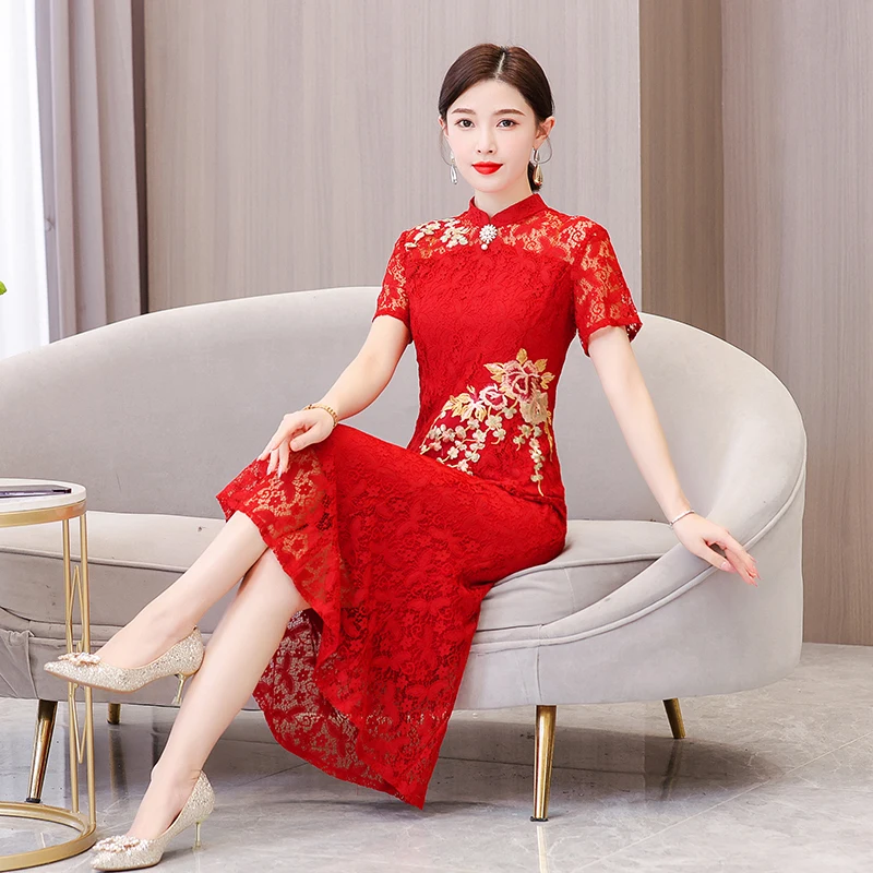 

2023 New improved cheongsam elegant lace temperament long summer slimming short-sleeved national style dress