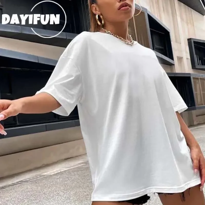 

DAYIFUN Solid Plus Size T-shirts Female Summer Cotton Short-sleeved O-neck Tees Tops Women's Oversized L-5XL Casual T Shirts