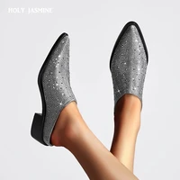 2025 New Mules Baotou Pointed Thick Heel Medium Heel Rhinestone Large Women's Slippers Half Slippers Women Shoes for Women