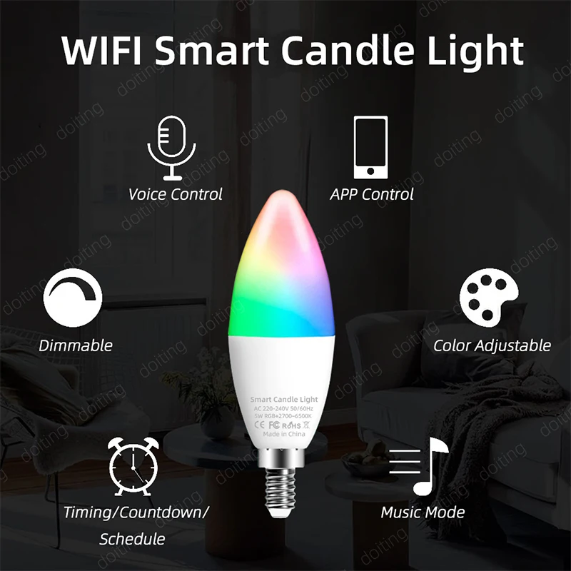 E14 Bluetooth Wifi Tuya Smart Led Light Bulbs RGB Color Change Lamps Smart Life APP Dimmable Alexa Google Home Voice