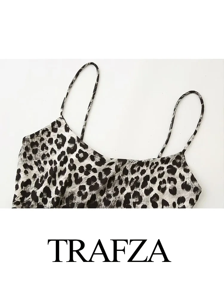 TRAFZA 여성용 우아한 시크 레오파드 무늬 슬림 바디수트, 섹시한 민소매 백리스 슬링 점프수트, 여름 신상 패션