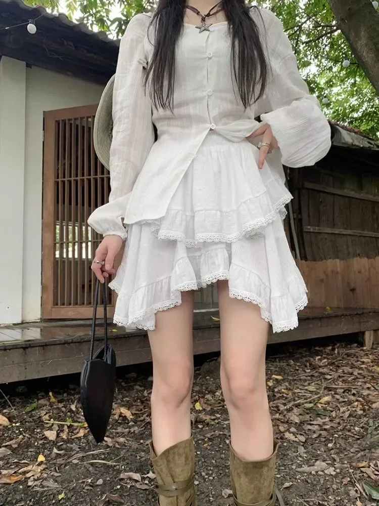 Lace High Waist Irregular Cake Skirts for Women A-line Sweet Girls All-match Korean Fashion Spring Summer Black White