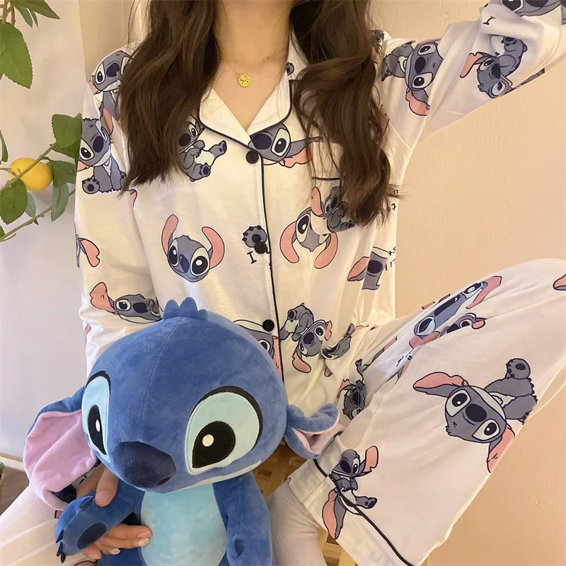 Stitch Women Pajamas Sets Spring Autumn Female Long Sleeve Lapel Top+Pants Suits Disney Cartoon Print Lady Loungewear Gifts