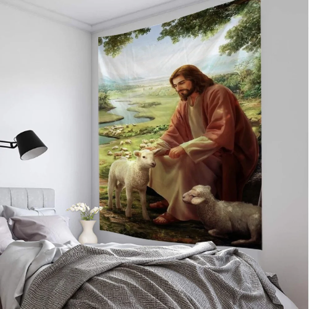 Description Picture 4 of itemVintage oil painting tapestry Christmas scene Jesus angel Easter wall hanging Christ art home living room bedroom decoration