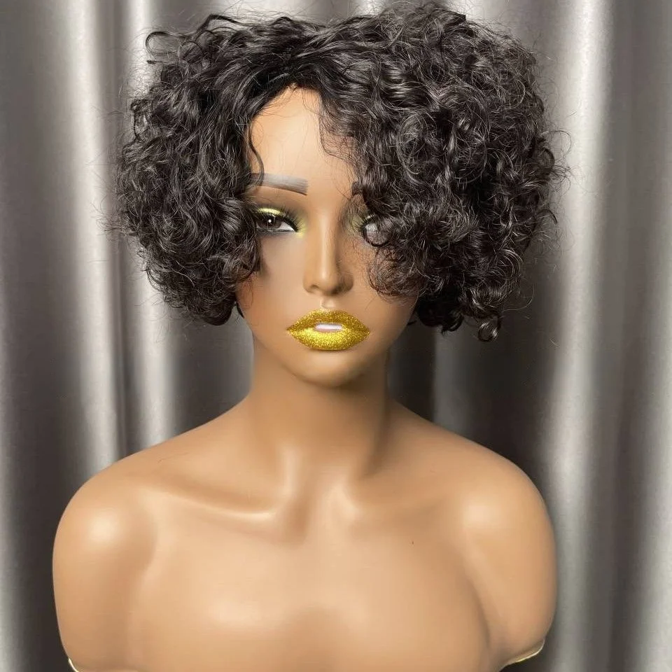 Women's Side Parted Short Curly Pixie Cut Bob， Human Hair Wig ,Full Machine Wigs， For Black Women Brazilian Remy Hair